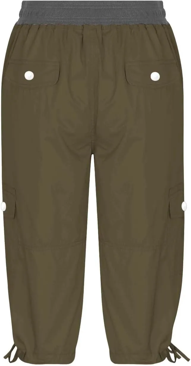 Hiking Cargo Capri for Womens Drawstring Waist Button Decor Capris Summer Joggers Sports Shorts Trousers with Pocket
