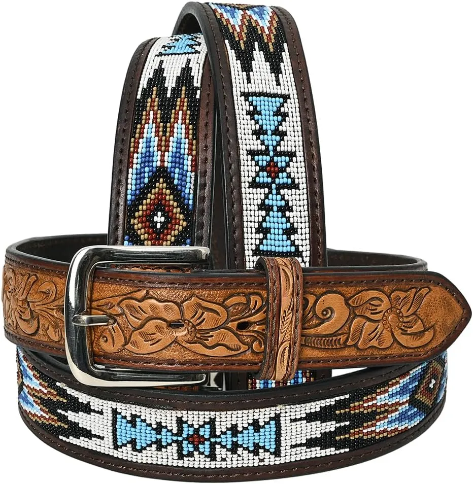 HILASON Western Genuine Leather Belt for Men Women Cowboy Cowgirl Handmade Unisex Full Grain Heavy Duty Tooled Beaded Belt