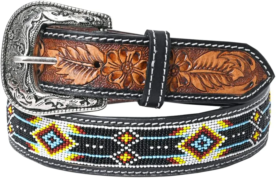 HILASON Western Genuine Leather Belt for Men Women Cowboy Cowgirl Handmade Unisex Full Grain Heavy Duty Tooled Beaded Belt