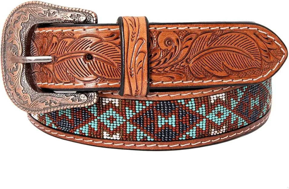 HILASON Western Genuine Leather Belt for Men Women Cowboy Cowgirl Handmade Unisex Full Grain Heavy Duty Tooled Beaded Belt