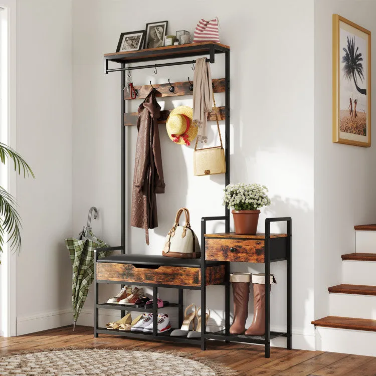 Hivvago 70 Inch Hall Tree with Shoe Storage Bench Freestanding Coat Rack-Rustic Brown