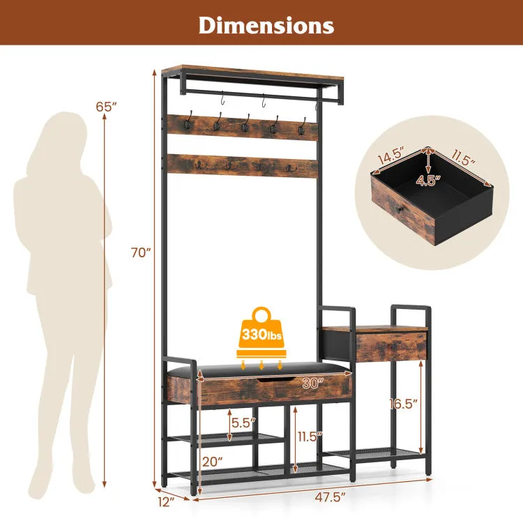 Hivvago 70 Inch Hall Tree with Shoe Storage Bench Freestanding Coat Rack-Rustic Brown