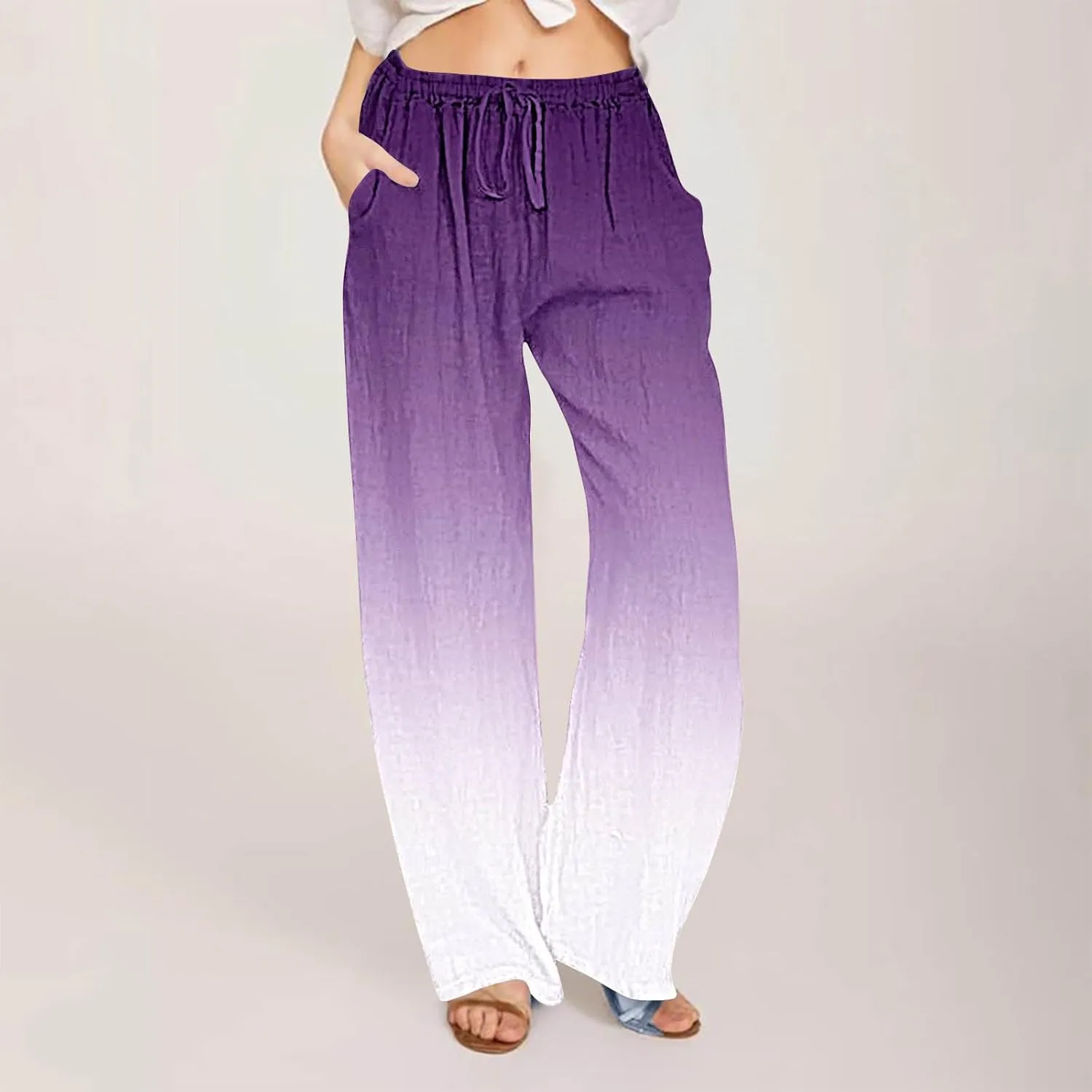 hlysgo Women's Summer Drawstring Waist Wide Leg Casual Pants 2024 Loose Cotton Linen Palazzo Pants Trousers with Pockets