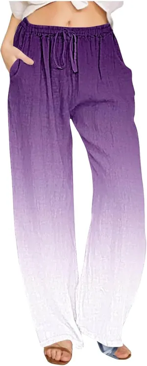 hlysgo Women's Summer Drawstring Waist Wide Leg Casual Pants 2024 Loose Cotton Linen Palazzo Pants Trousers with Pockets