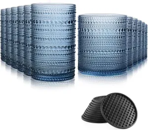 Hobnail Drinking Glasses Set of 12 Count, Vintage Glassware, Old Fashioned Glasses, 6 Highball Bubble Drinking Cups 15 oz, 6 Rocks Cups 14.5 oz with 12 Silicone Coasters, Blue
