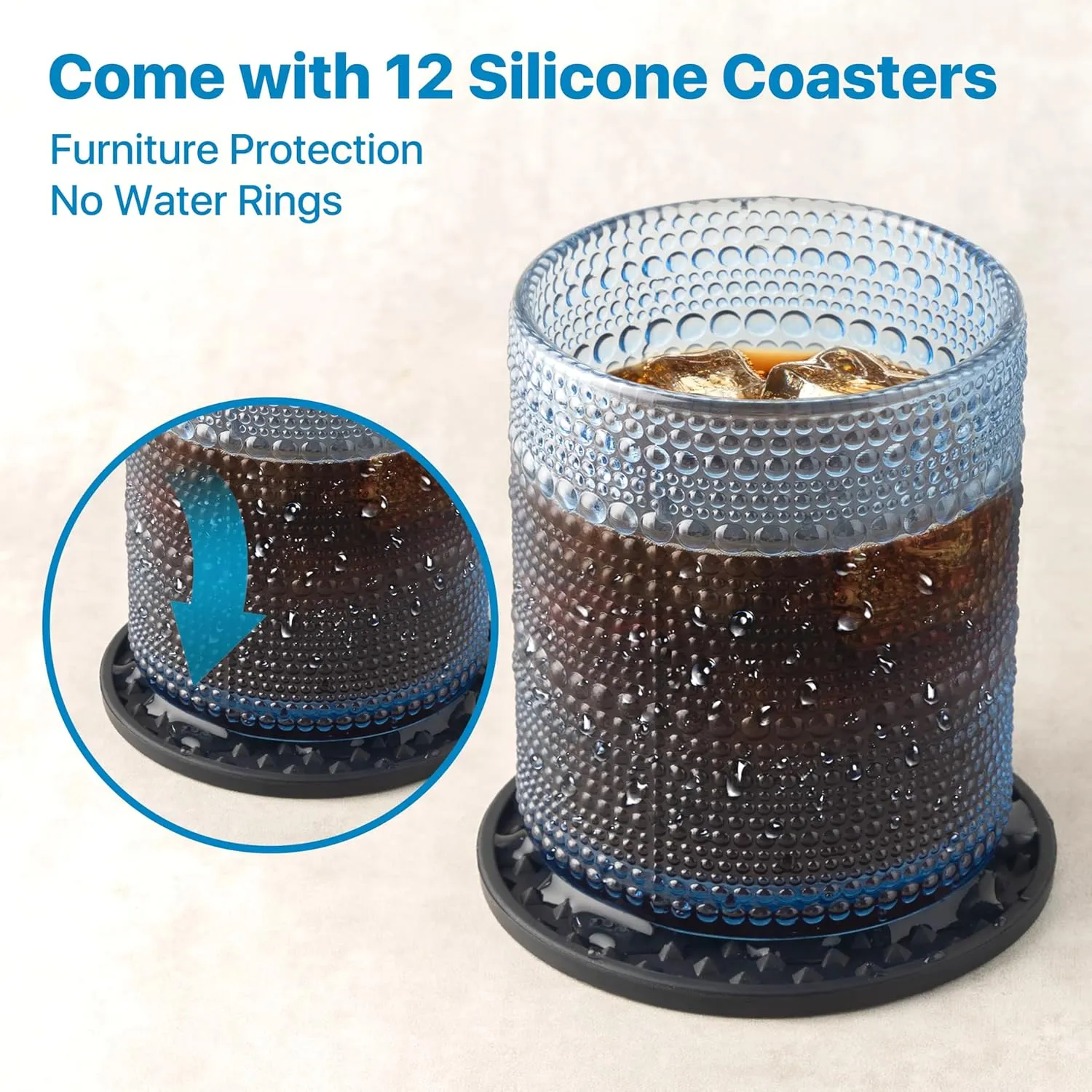 Hobnail Drinking Glasses Set of 12 Count, Vintage Glassware, Old Fashioned Glasses, 6 Highball Bubble Drinking Cups 15 oz, 6 Rocks Cups 14.5 oz with 12 Silicone Coasters, Blue