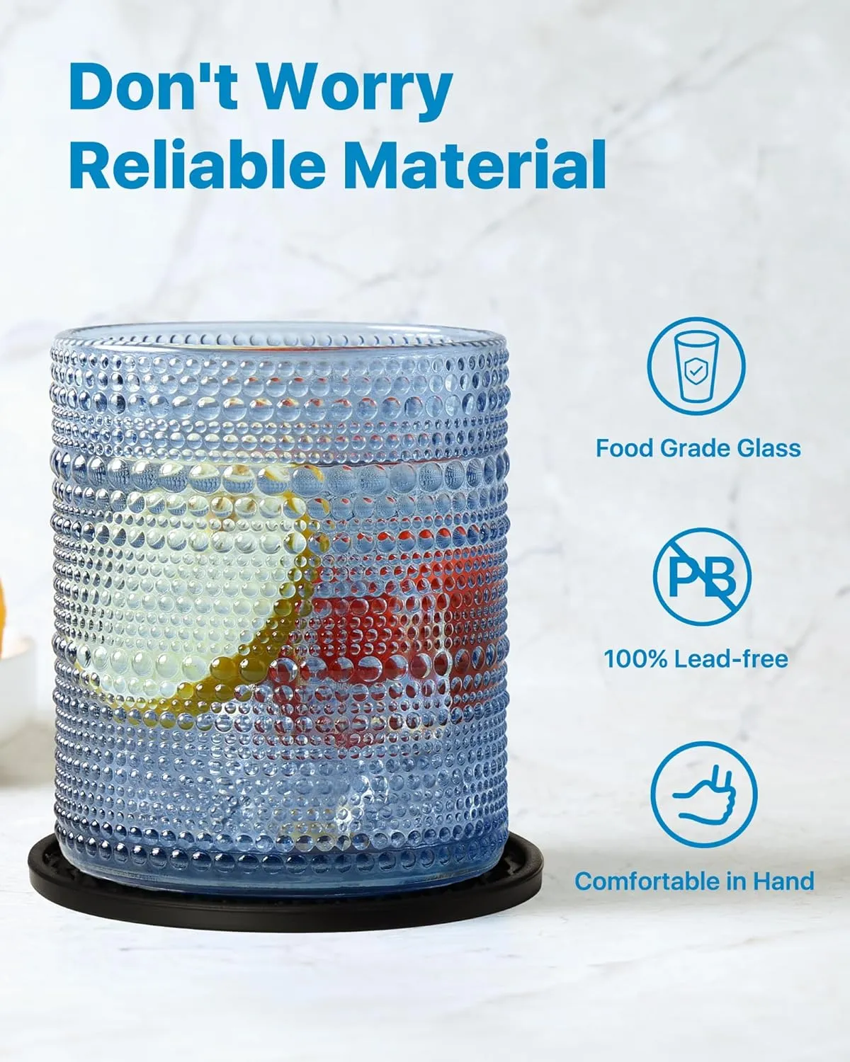 Hobnail Drinking Glasses Set of 12 Count, Vintage Glassware, Old Fashioned Glasses, 6 Highball Bubble Drinking Cups 15 oz, 6 Rocks Cups 14.5 oz with 12 Silicone Coasters, Blue