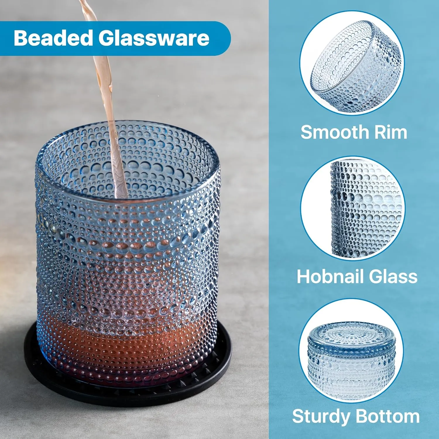 Hobnail Drinking Glasses Set of 12 Count, Vintage Glassware, Old Fashioned Glasses, 6 Highball Bubble Drinking Cups 15 oz, 6 Rocks Cups 14.5 oz with 12 Silicone Coasters, Blue