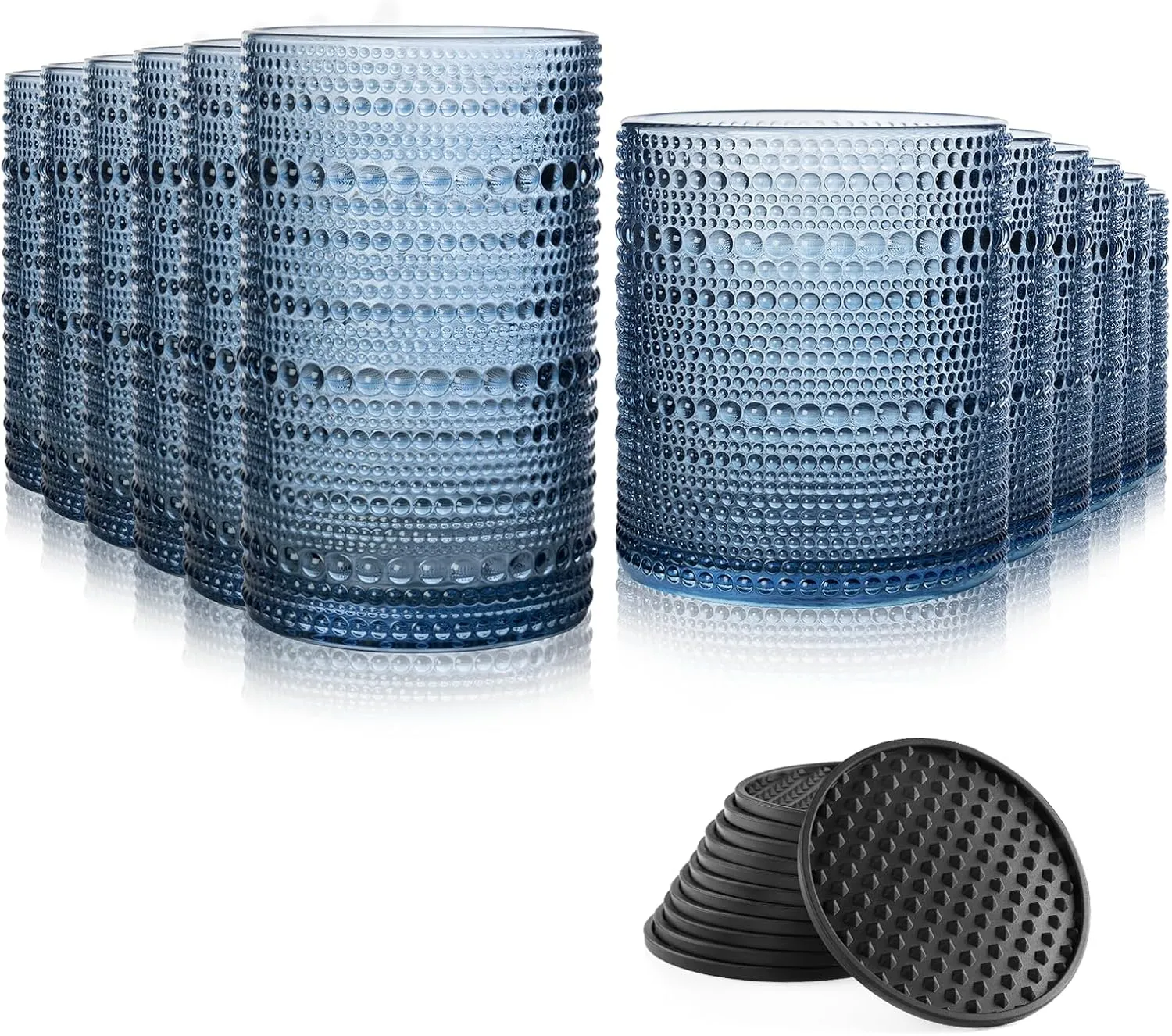 Hobnail Drinking Glasses Set of 12 Count, Vintage Glassware, Old Fashioned Glasses, 6 Highball Bubble Drinking Cups 15 oz, 6 Rocks Cups 14.5 oz with 12 Silicone Coasters, Blue