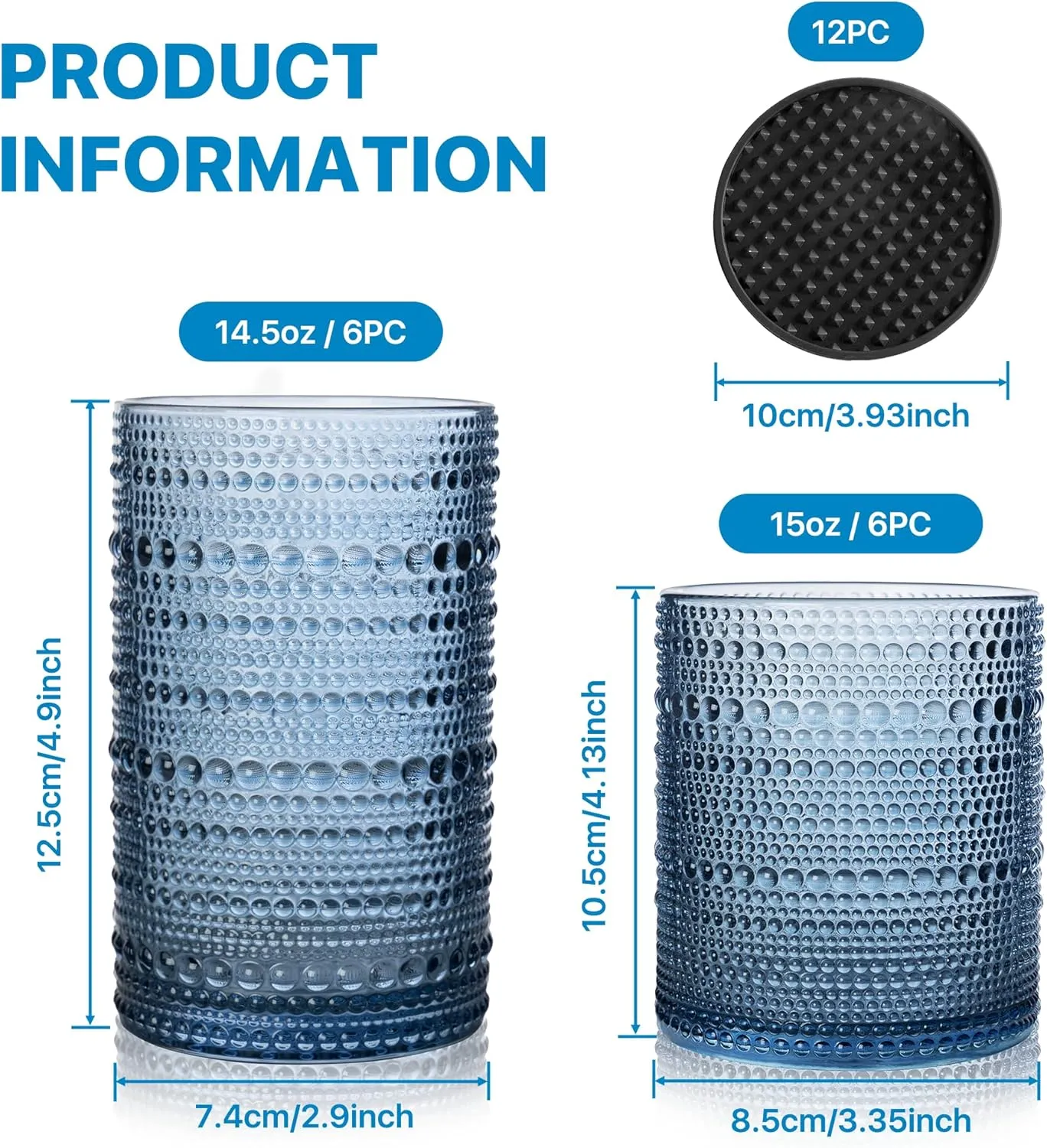 Hobnail Drinking Glasses Set of 12 Count, Vintage Glassware, Old Fashioned Glasses, 6 Highball Bubble Drinking Cups 15 oz, 6 Rocks Cups 14.5 oz with 12 Silicone Coasters, Blue