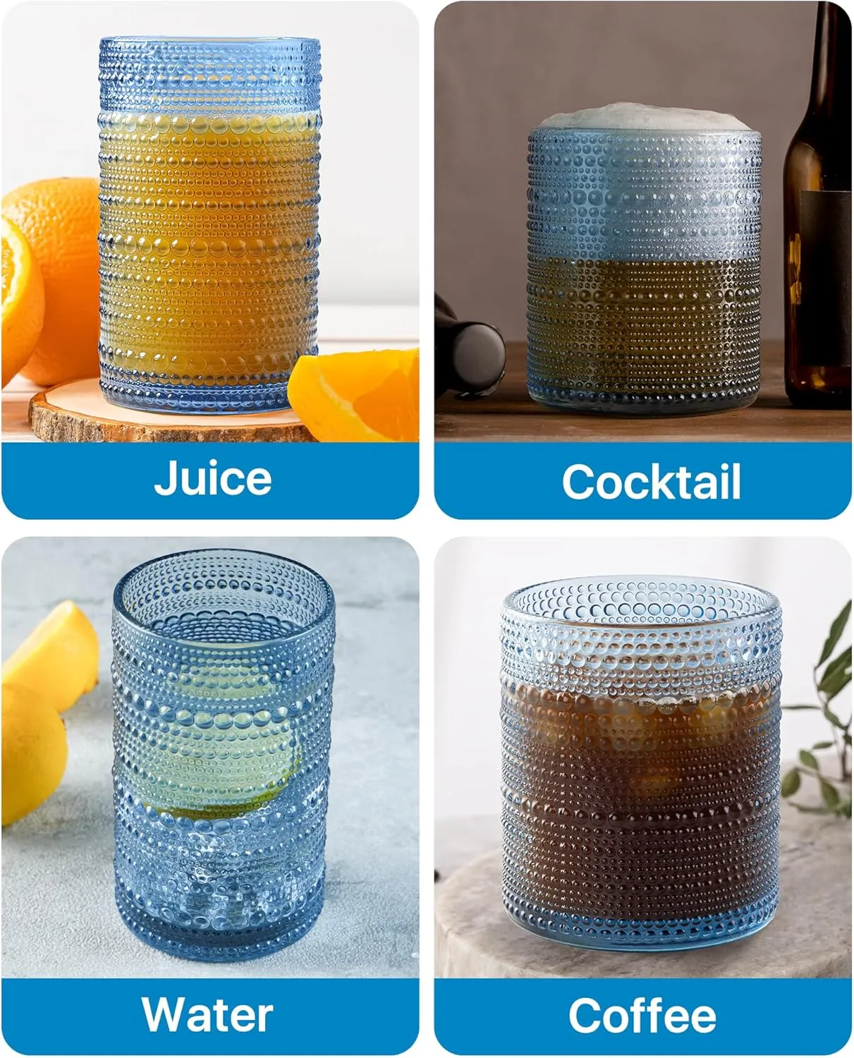 Hobnail Drinking Glasses Set of 12 Count, Vintage Glassware, Old Fashioned Glasses, 6 Highball Bubble Drinking Cups 15 oz, 6 Rocks Cups 14.5 oz with 12 Silicone Coasters, Blue