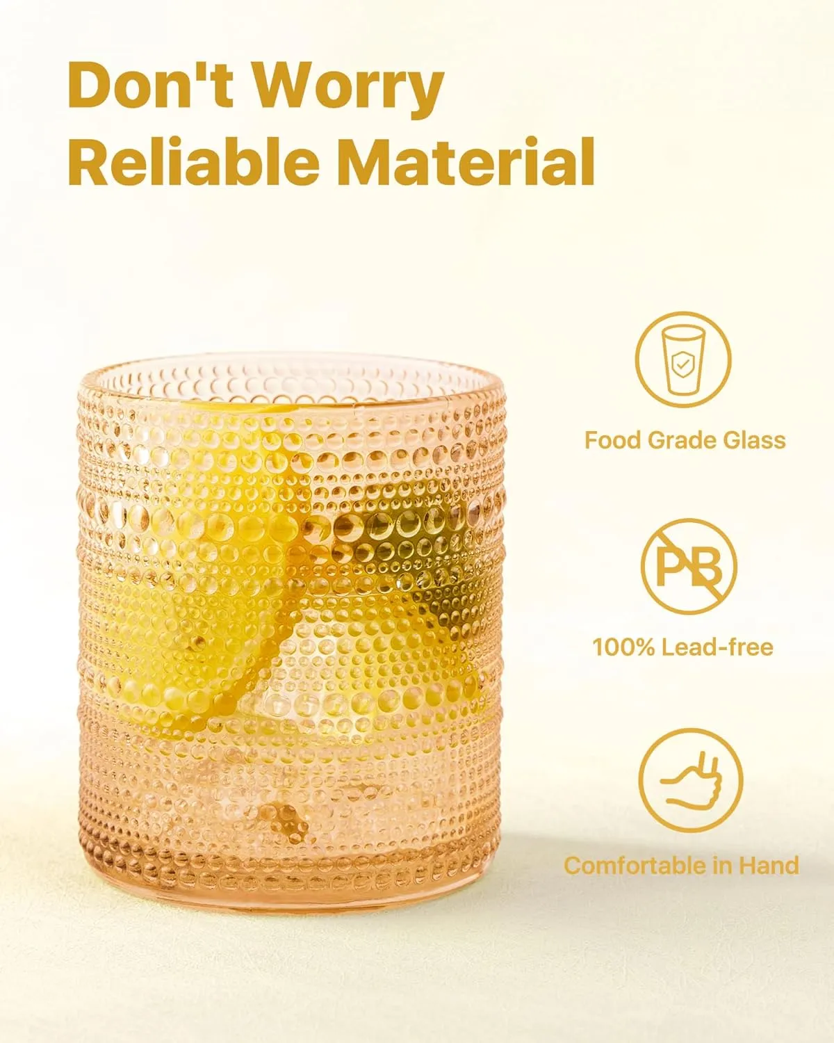 Hobnail Drinking Glasses Set of 6 Count, Vintage Glassware, Old Fashioned Glasses, 6 Highball Bubble Drinking Cups 15 oz, Amber