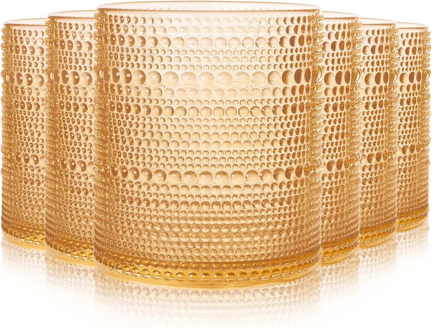 Hobnail Drinking Glasses Set of 6 Count, Vintage Glassware, Old Fashioned Glasses, 6 Highball Bubble Drinking Cups 15 oz, Amber