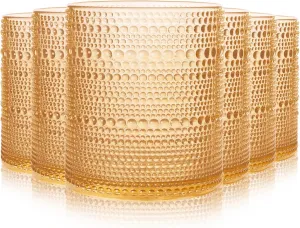 Hobnail Drinking Glasses Set of 6 Count, Vintage Glassware, Old Fashioned Glasses, 6 Highball Bubble Drinking Cups 15 oz, Amber