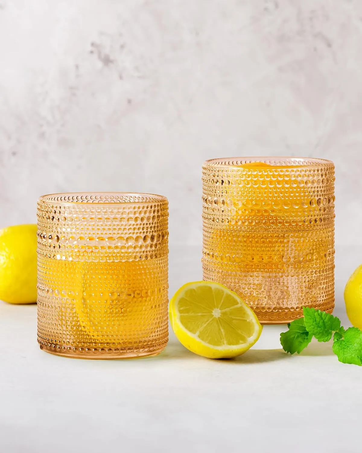 Hobnail Drinking Glasses Set of 6 Count, Vintage Glassware, Old Fashioned Glasses, 6 Highball Bubble Drinking Cups 15 oz, Amber