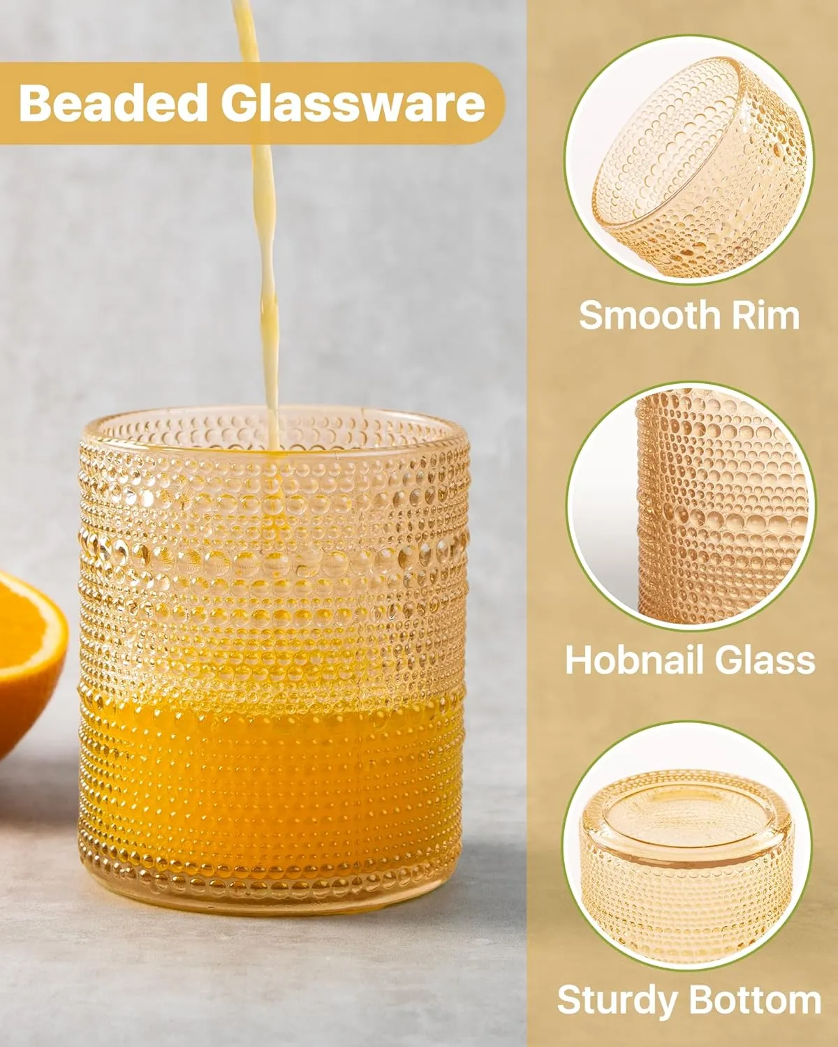 Hobnail Drinking Glasses Set of 6 Count, Vintage Glassware, Old Fashioned Glasses, 6 Highball Bubble Drinking Cups 15 oz, Amber