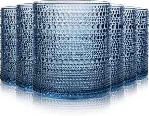 Hobnail Drinking Glasses Set of 6 Count, Vintage Glassware, Old Fashioned Glasses, 6 Highball Bubble Drinking Cups 15 oz, Blue