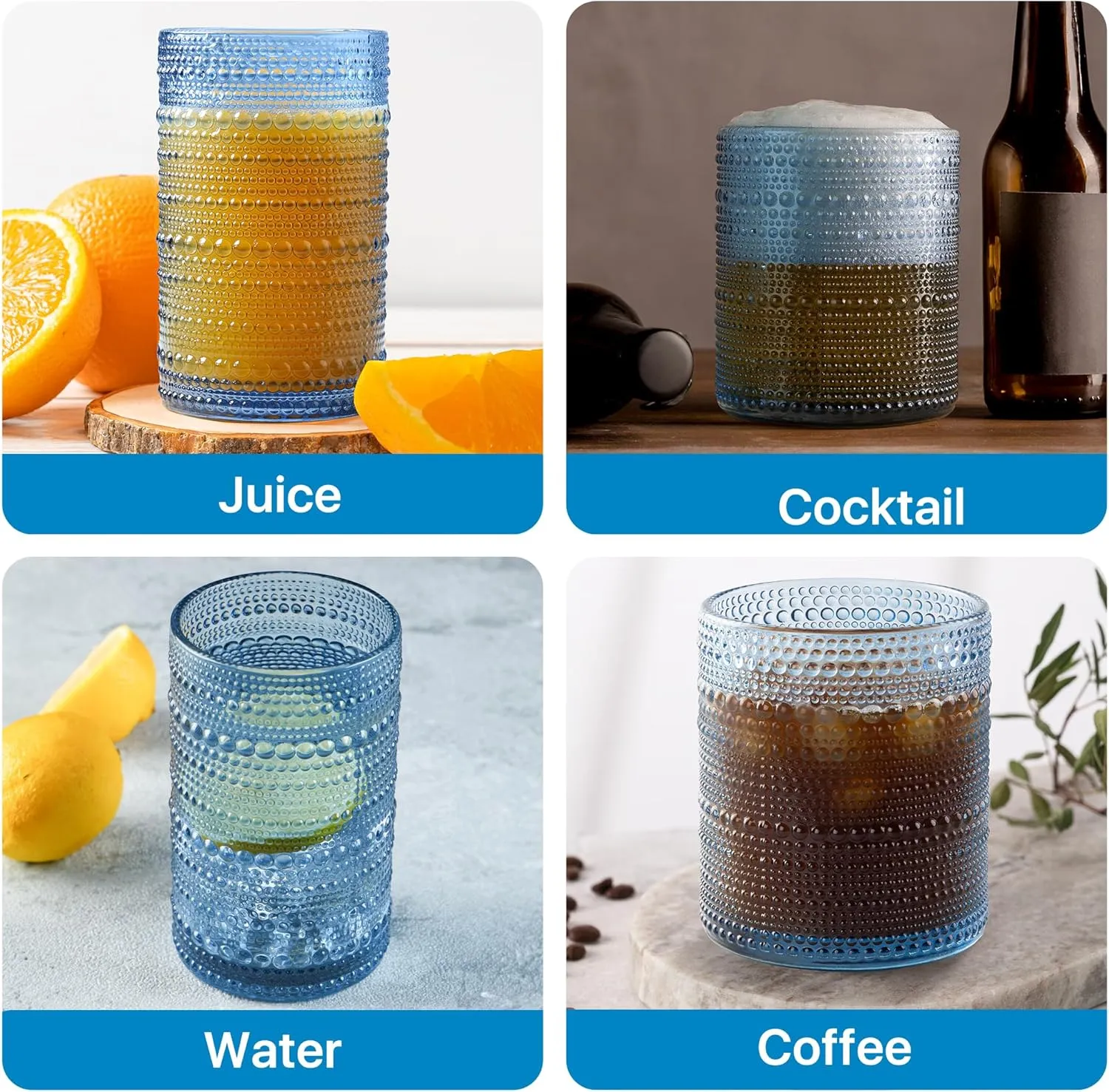 Hobnail Drinking Glasses Set of 6 Count, Vintage Glassware, Old Fashioned Glasses, 6 Highball Bubble Drinking Cups 15 oz, Blue