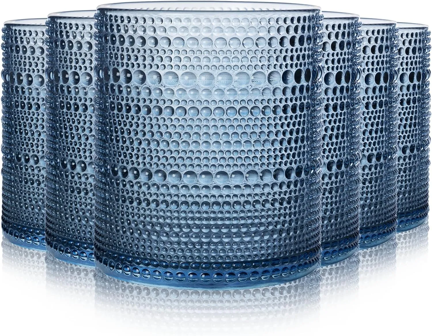 Hobnail Drinking Glasses Set of 6 Count, Vintage Glassware, Old Fashioned Glasses, 6 Highball Bubble Drinking Cups 15 oz, Blue