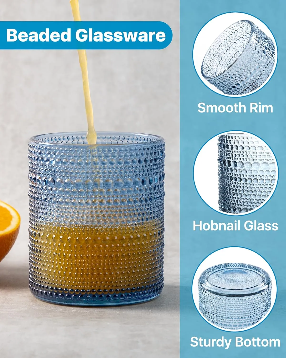 Hobnail Drinking Glasses Set of 6 Count, Vintage Glassware, Old Fashioned Glasses, 6 Highball Bubble Drinking Cups 15 oz, Blue