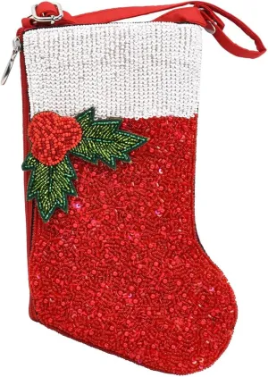 Holiday Traditions Christmas Stocking Beaded Club Bag Phone Crossbody, Red
