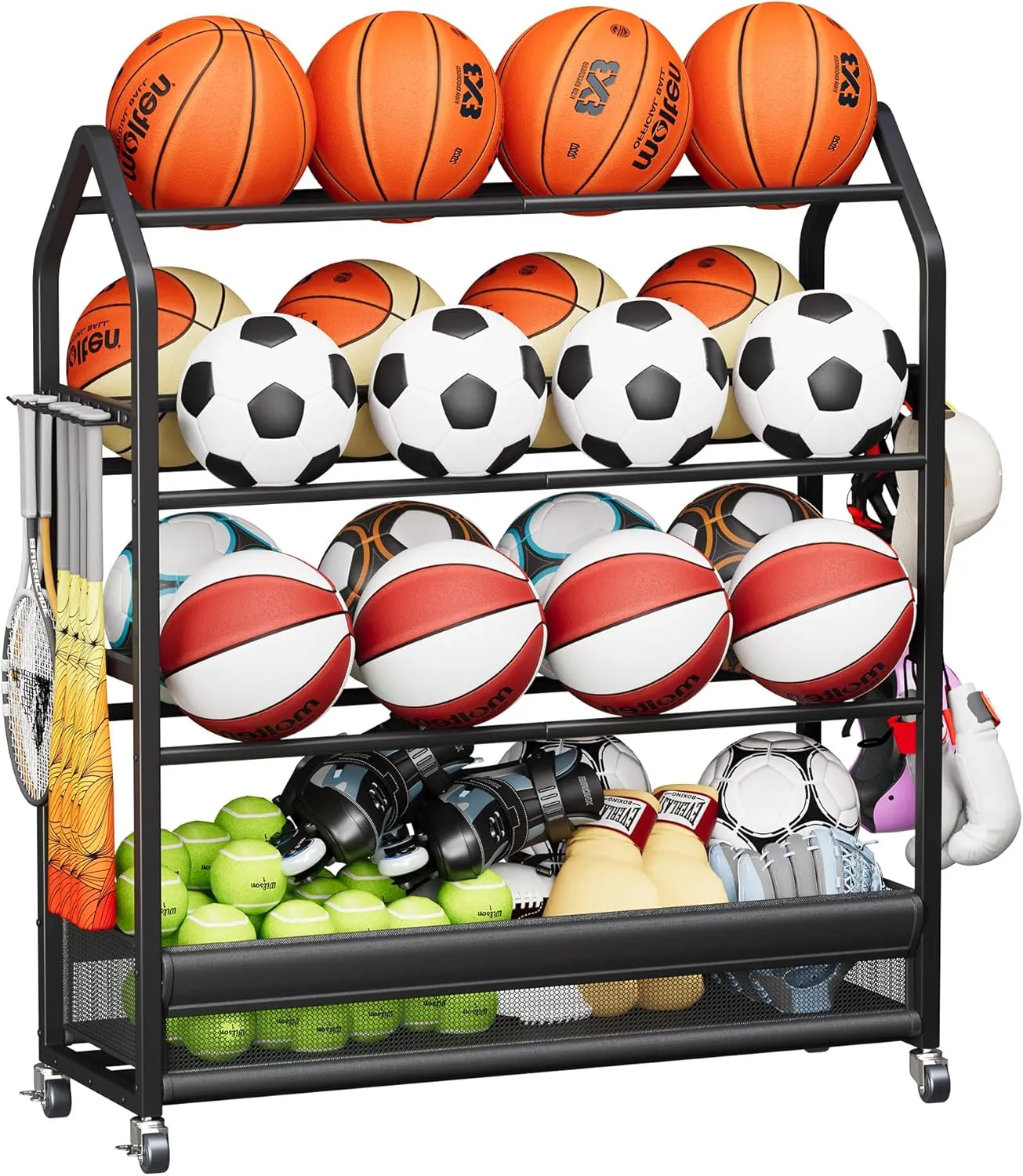Homeiju Sports Equipment Organizer, Ball Storage Rack, Garage Sports Gear Rack with Wheels and Hooks, Indoor/Outdoor Shelf Rack for Sports Gear, Black