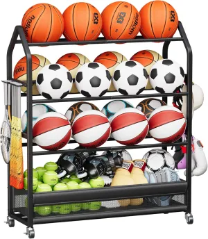 Homeiju Sports Equipment Organizer, Ball Storage Rack, Garage Sports Gear Rack with Wheels and Hooks, Indoor/Outdoor Shelf Rack for Sports Gear, Black