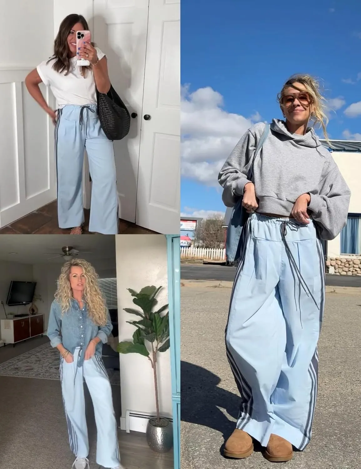 Hongsui Women's Wide Leg Pants Drawstring High Rise Side Striped Slouchy Palazzo Pants with Pockets