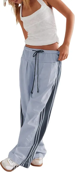 Hongsui Women's Wide Leg Pants Drawstring High Rise Side Striped Slouchy Palazzo Pants with Pockets