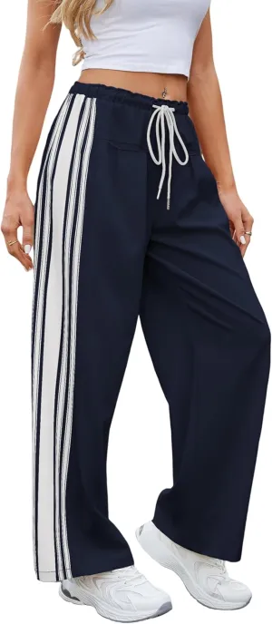 Hongsui Women's Wide Leg Pants Drawstring High Rise Side Striped Slouchy Palazzo Pants with Pockets