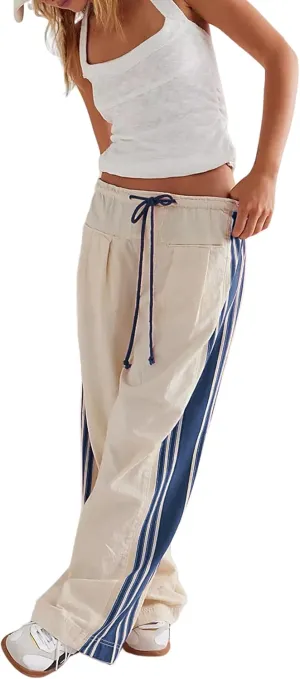 Hongsui Women's Wide Leg Pants Drawstring High Rise Side Striped Slouchy Palazzo Pants with Pockets