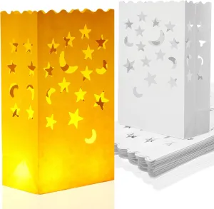 Honoson 24 Pcs White Luminary Candle Bags Fire-Retardant Material Lantern Luminary Bag with Stars Moon Durable Reusable for Wedding Valentine's Day Decor Engagement Event Marriage Proposal