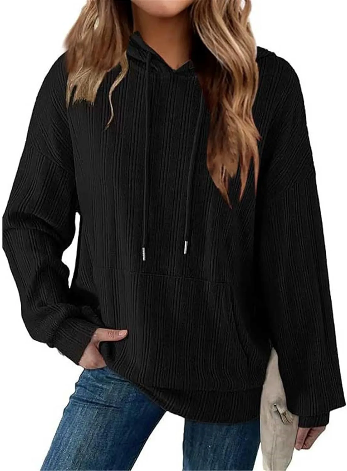 Hoodies Pullover Tops for Women Fashion Drawstring Long Sleeve Sweatshirt with Pockets Casual Solid Color Sweatshirts