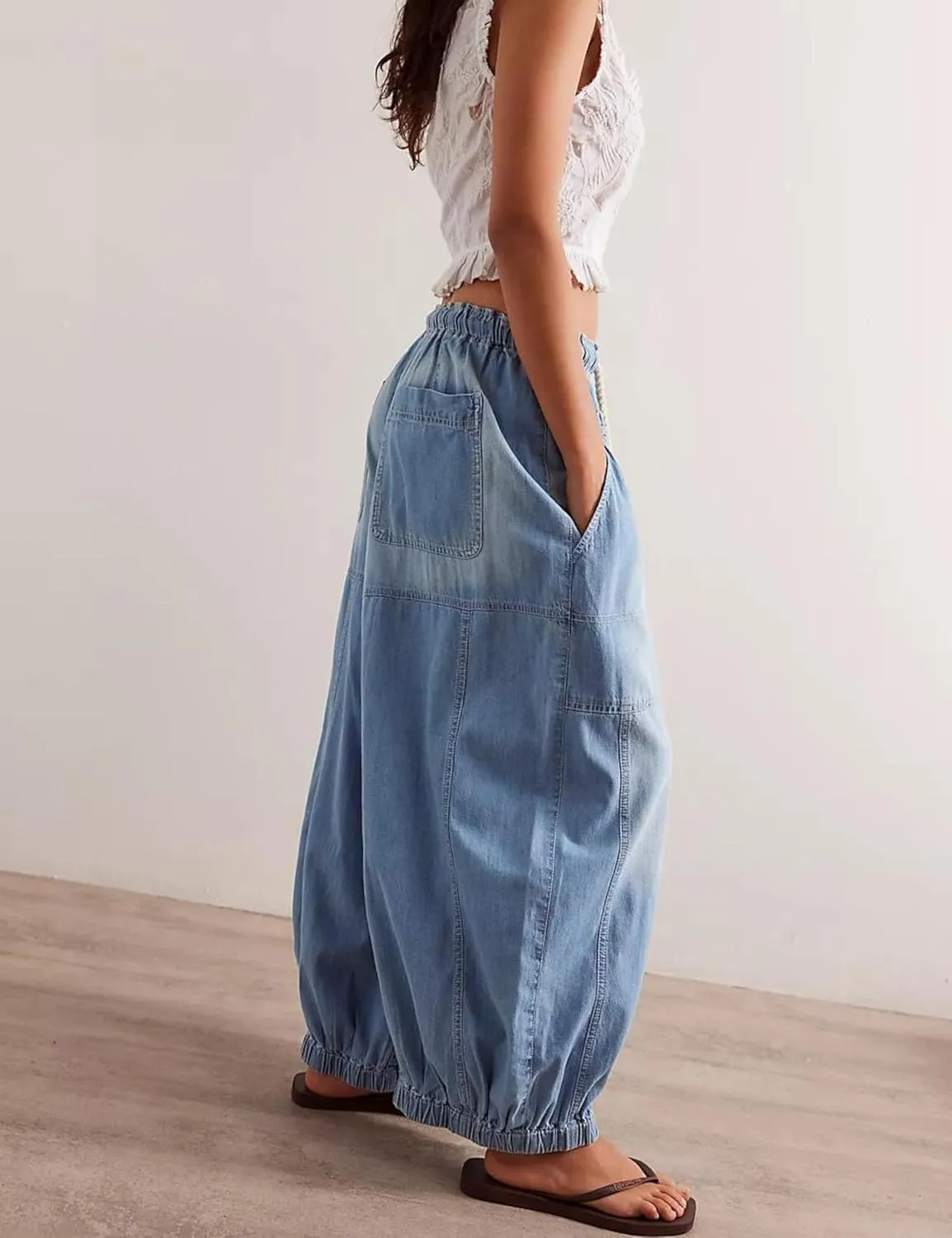 Hooever Women's Wide Leg Jeans Baggy Boyfriend Elastic Hem Denim Pants with Drawstring Waist