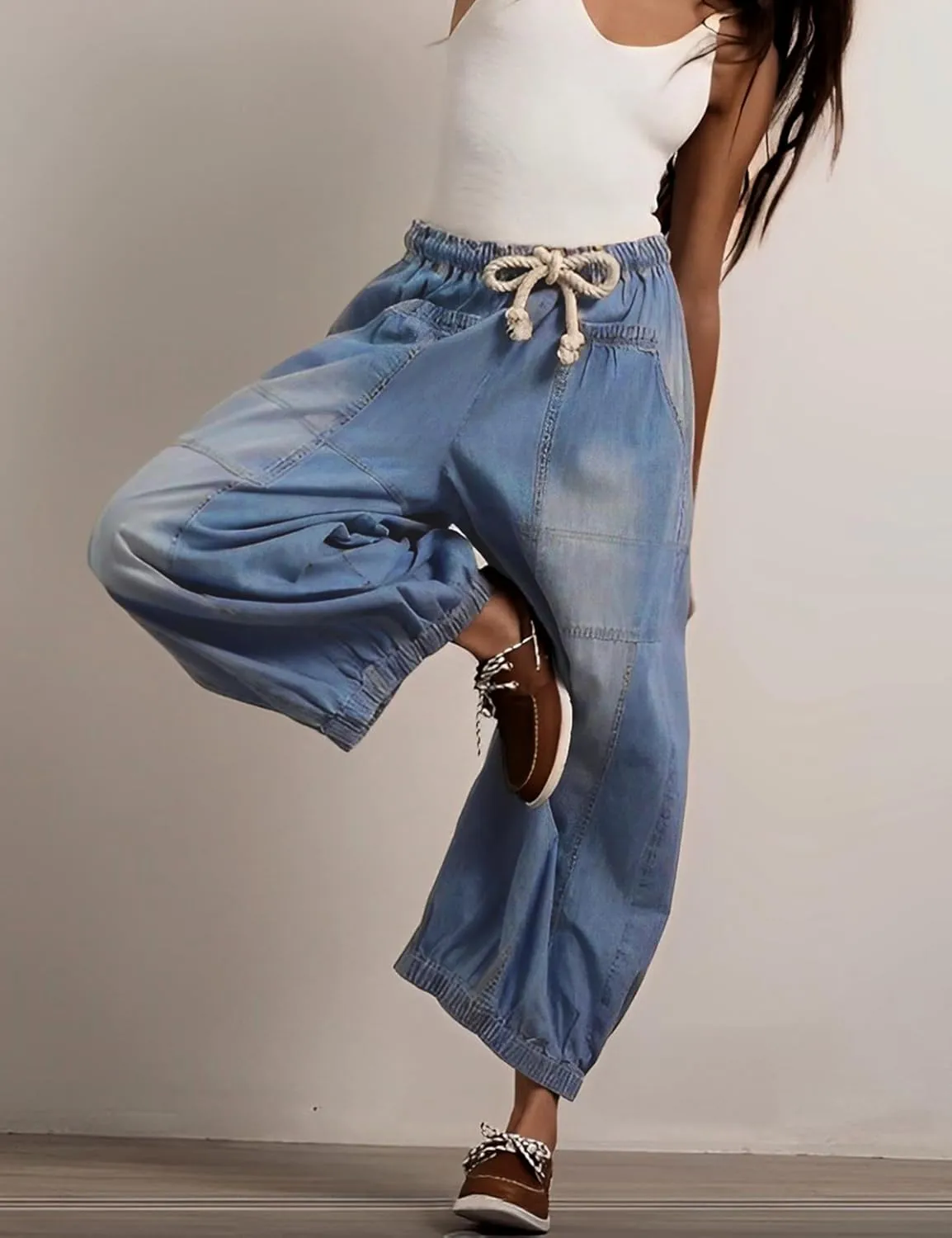 Hooever Women's Wide Leg Jeans Baggy Boyfriend Elastic Hem Denim Pants with Drawstring Waist