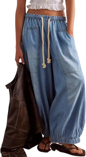 Hooever Women's Wide Leg Jeans Baggy Boyfriend Elastic Hem Denim Pants with Drawstring Waist