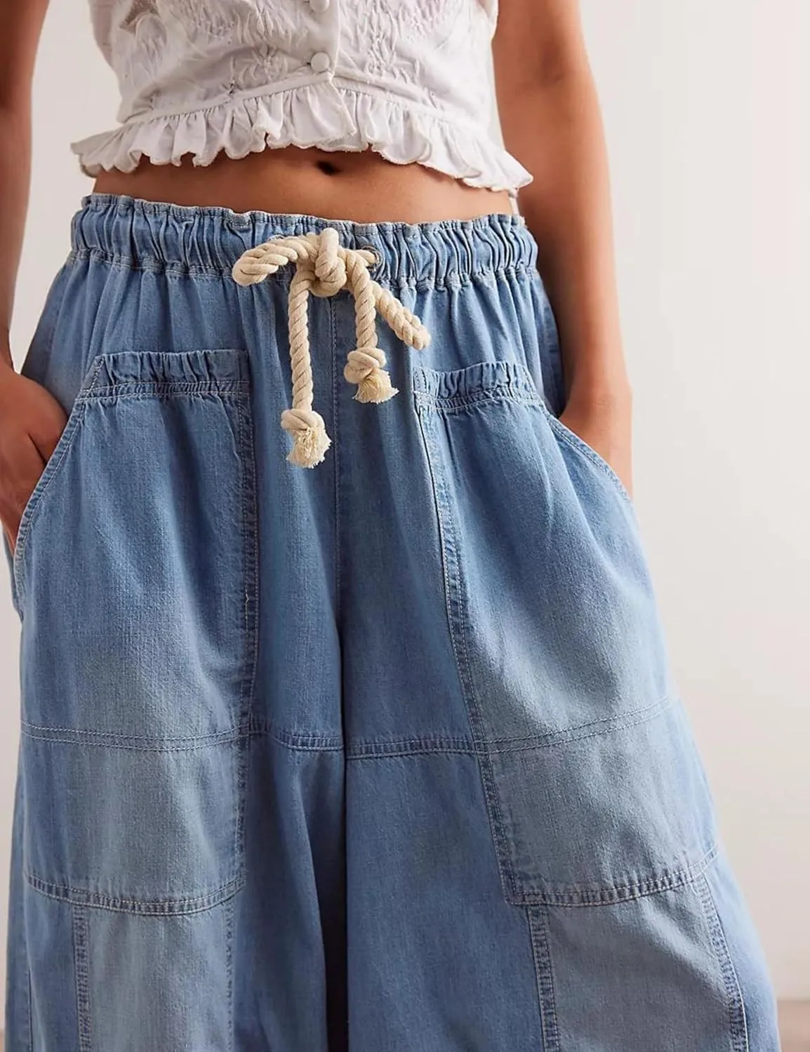 Hooever Women's Wide Leg Jeans Baggy Boyfriend Elastic Hem Denim Pants with Drawstring Waist
