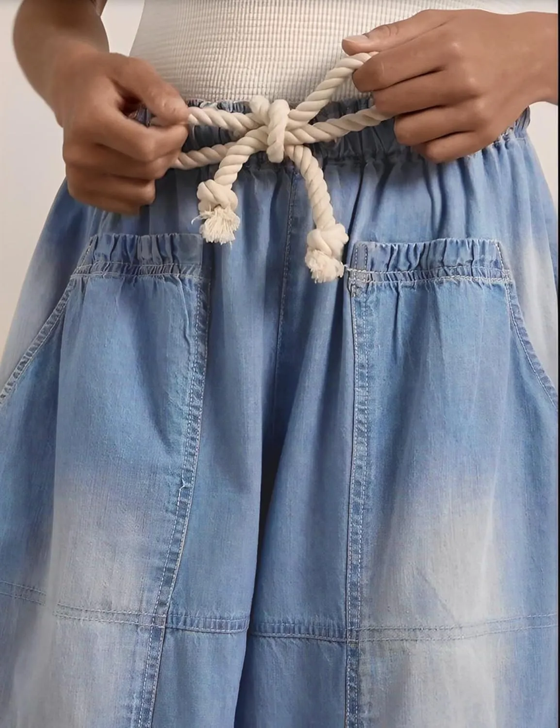 Hooever Women's Wide Leg Jeans Baggy Boyfriend Elastic Hem Denim Pants with Drawstring Waist