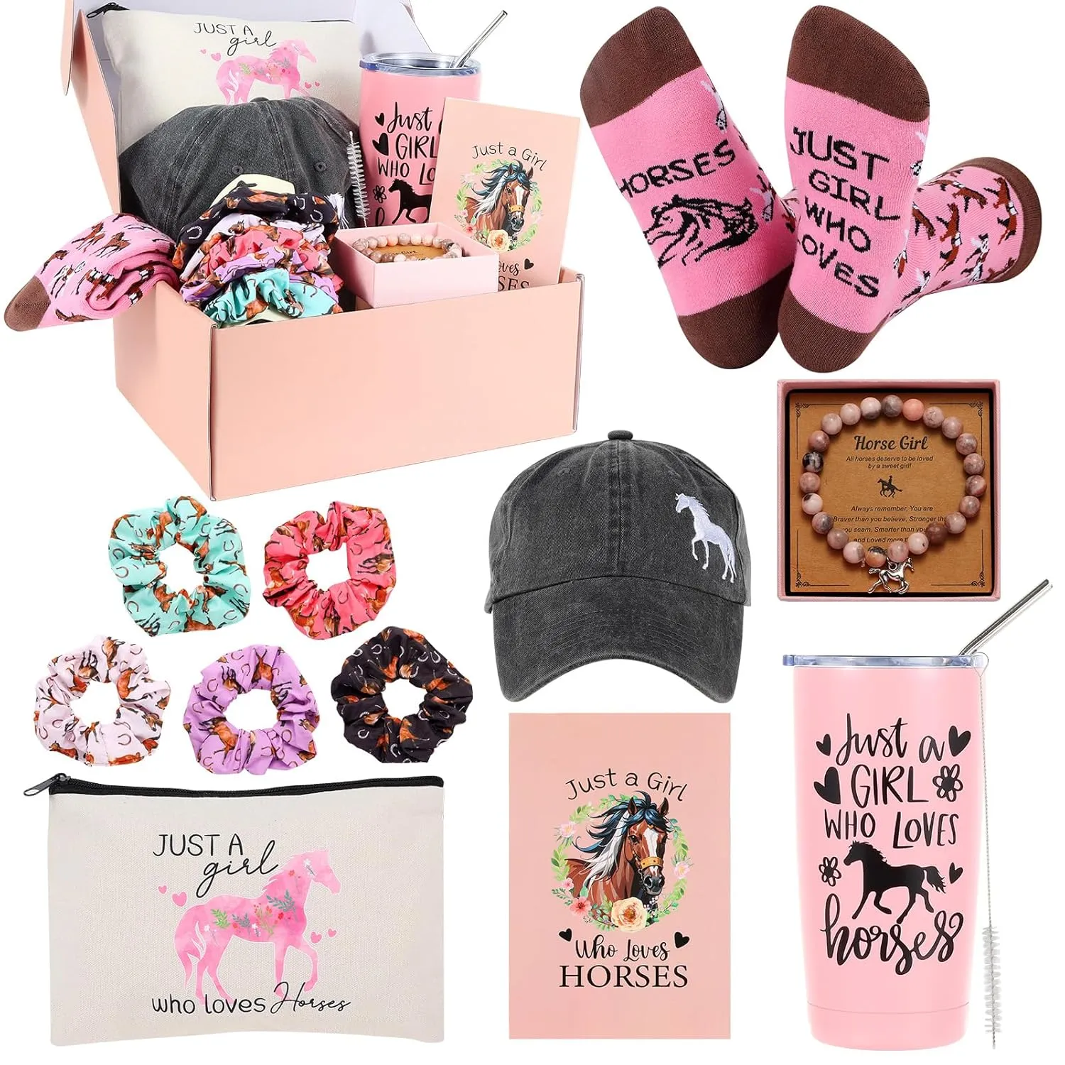 Horse Lover Gifts for Women Horse Stuff Cool Gifts for Horse Lovers Include Horse Tumbler Mug Makeup Bag Baseball Hat Bracelet Hair Band Socks Card for Birthday Christmas