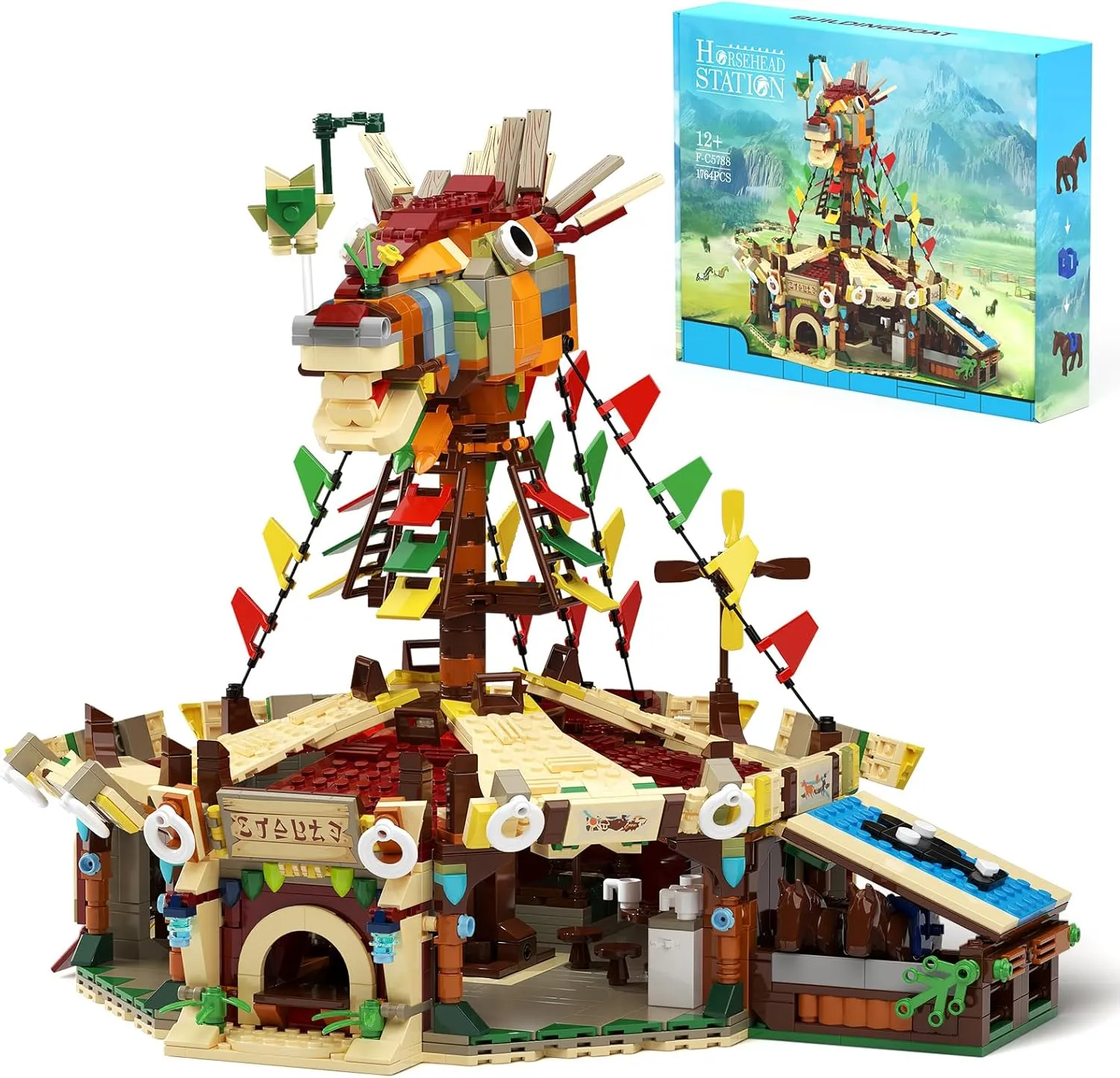 Horse Station Building Model Kit, Game Scene Hyrule Horse Head Station Yurt Tent Rooftop Building Toy, Game Scene Collectible Gifts Construction Toys for Adults or Fans (1764 PCS)