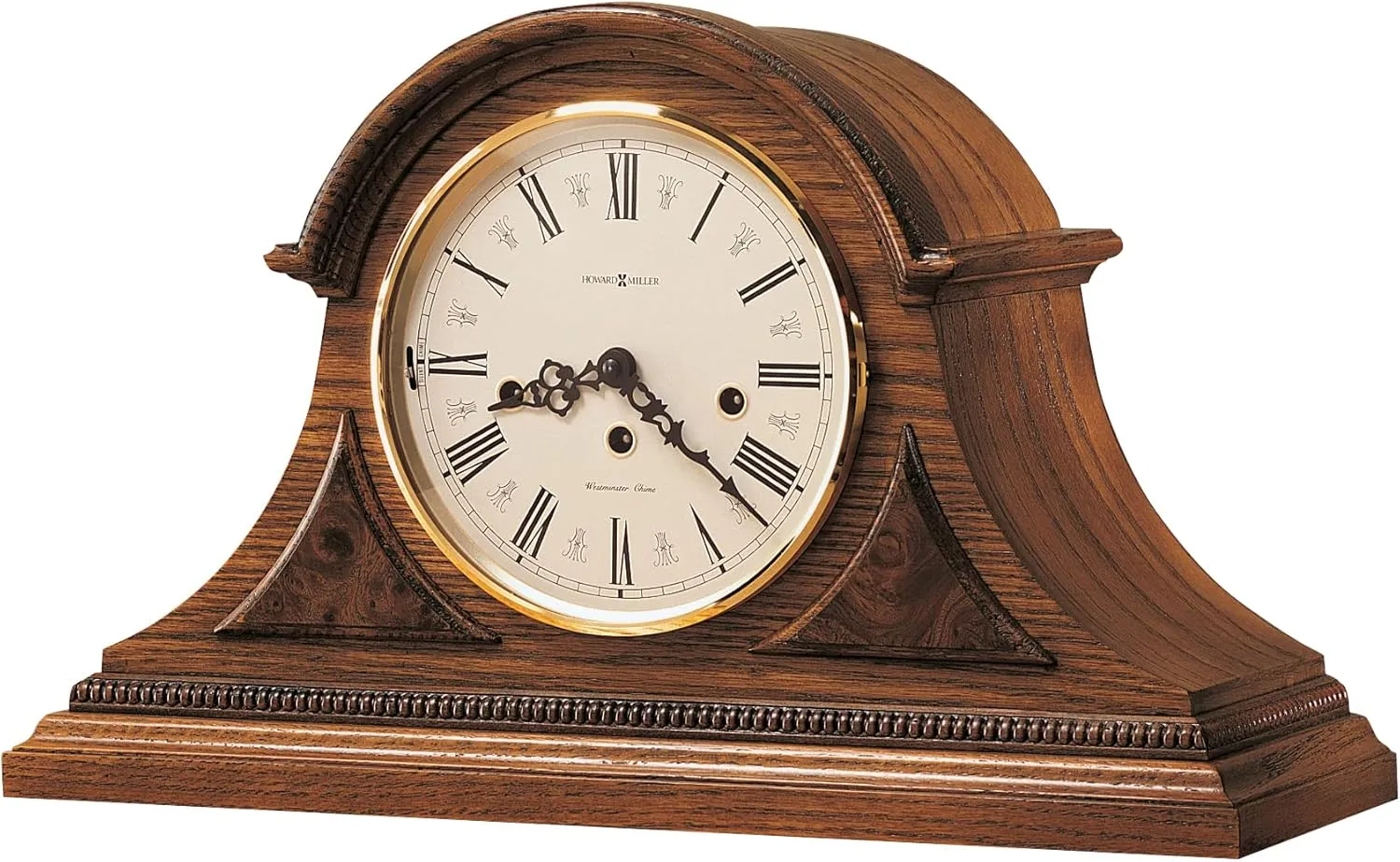 Howard Miller Worthington Mantel Clock – Key Wound Mechanical Wooden Mantel Clock with Westminster Chime Cream Roman Numeral Dial Rare Olive Burl Overlays & Antique Detailing for Home Décor