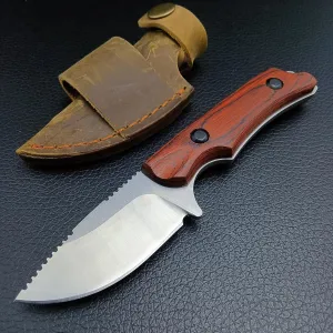 HUAAO Hidden Canyon Hunter, Fixed Blade Hunting Knife, Full Tang Fixed Blade horizontal Knife, Leather Sheath pocket knifes for men (Wooden Handle)