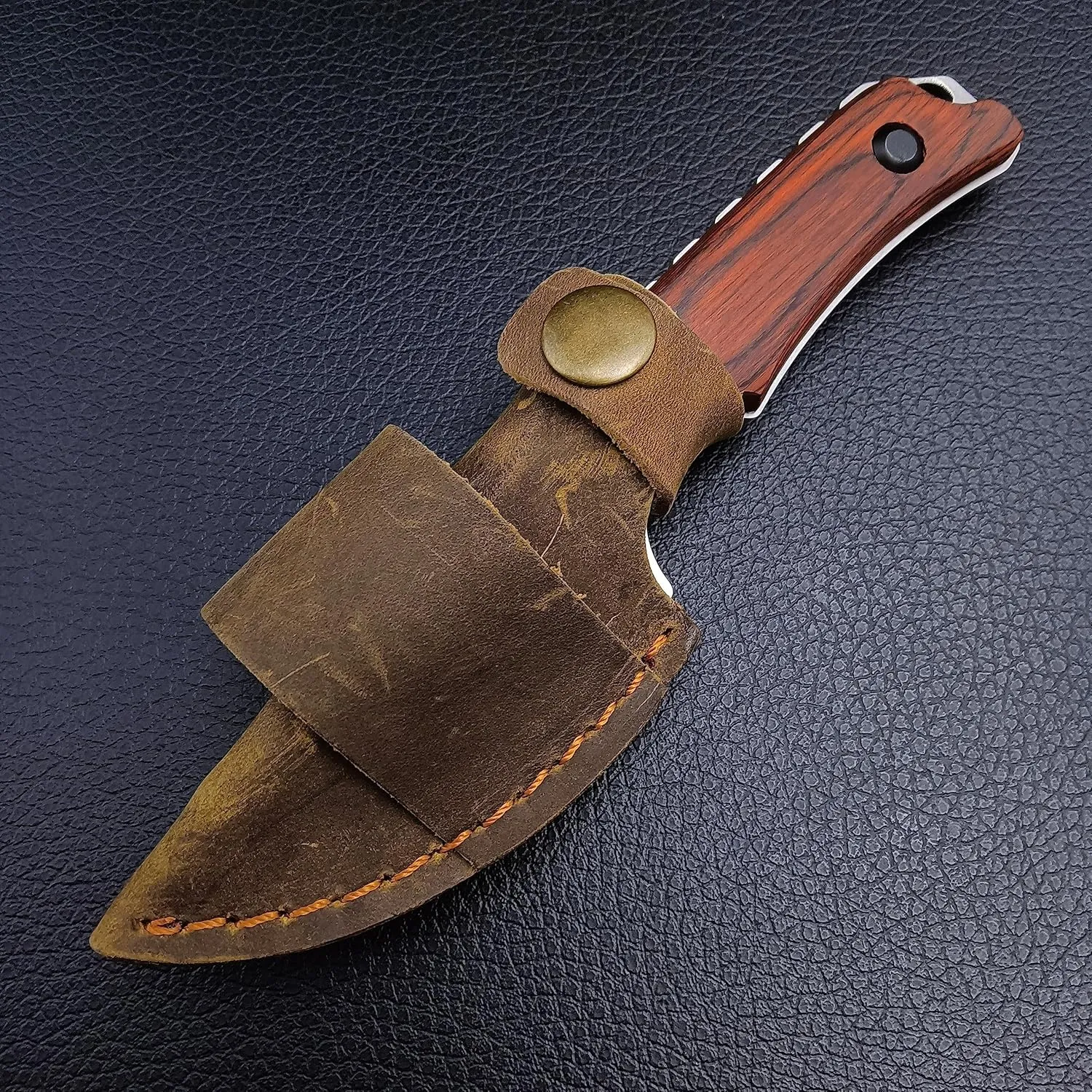 HUAAO Hidden Canyon Hunter, Fixed Blade Hunting Knife, Full Tang Fixed Blade horizontal Knife, Leather Sheath pocket knifes for men (Wooden Handle)