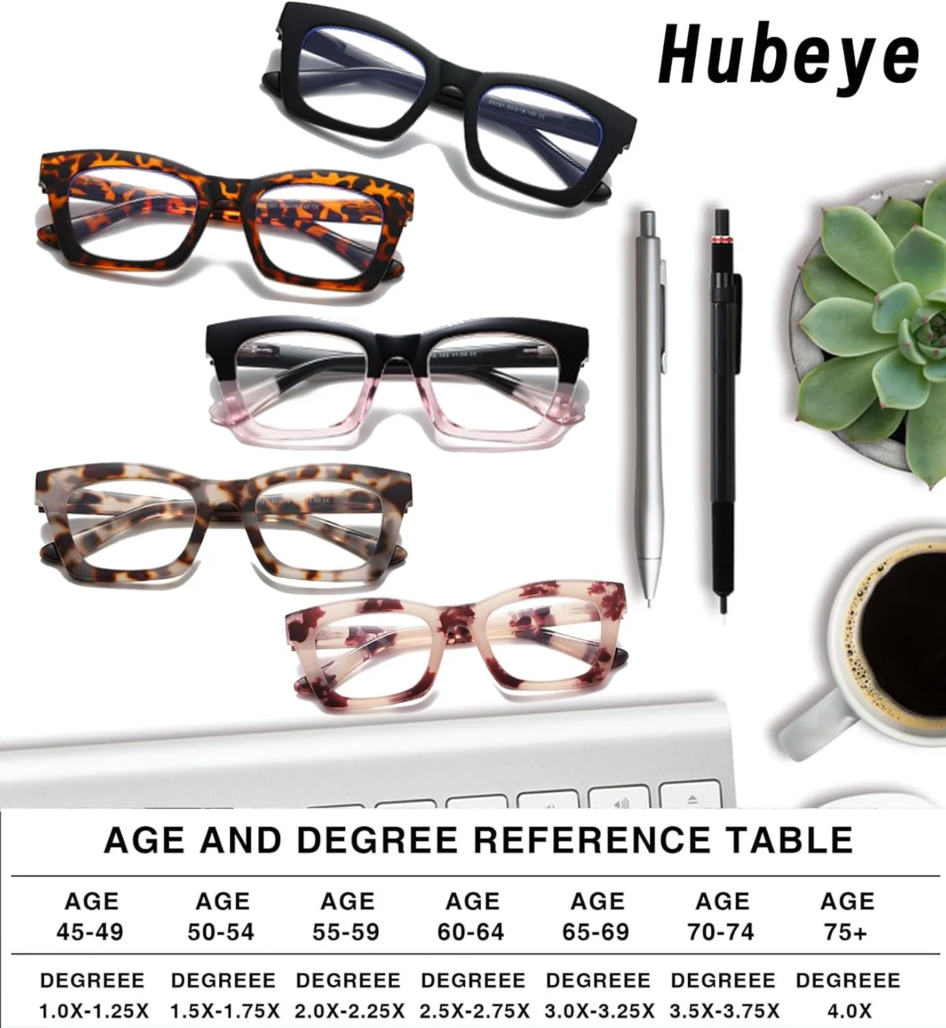 Hubeye 5 Pairs Oprah Style Square Reading Glasses for Women Men Blue Light Blocking Computer Readers with leather case  0.0