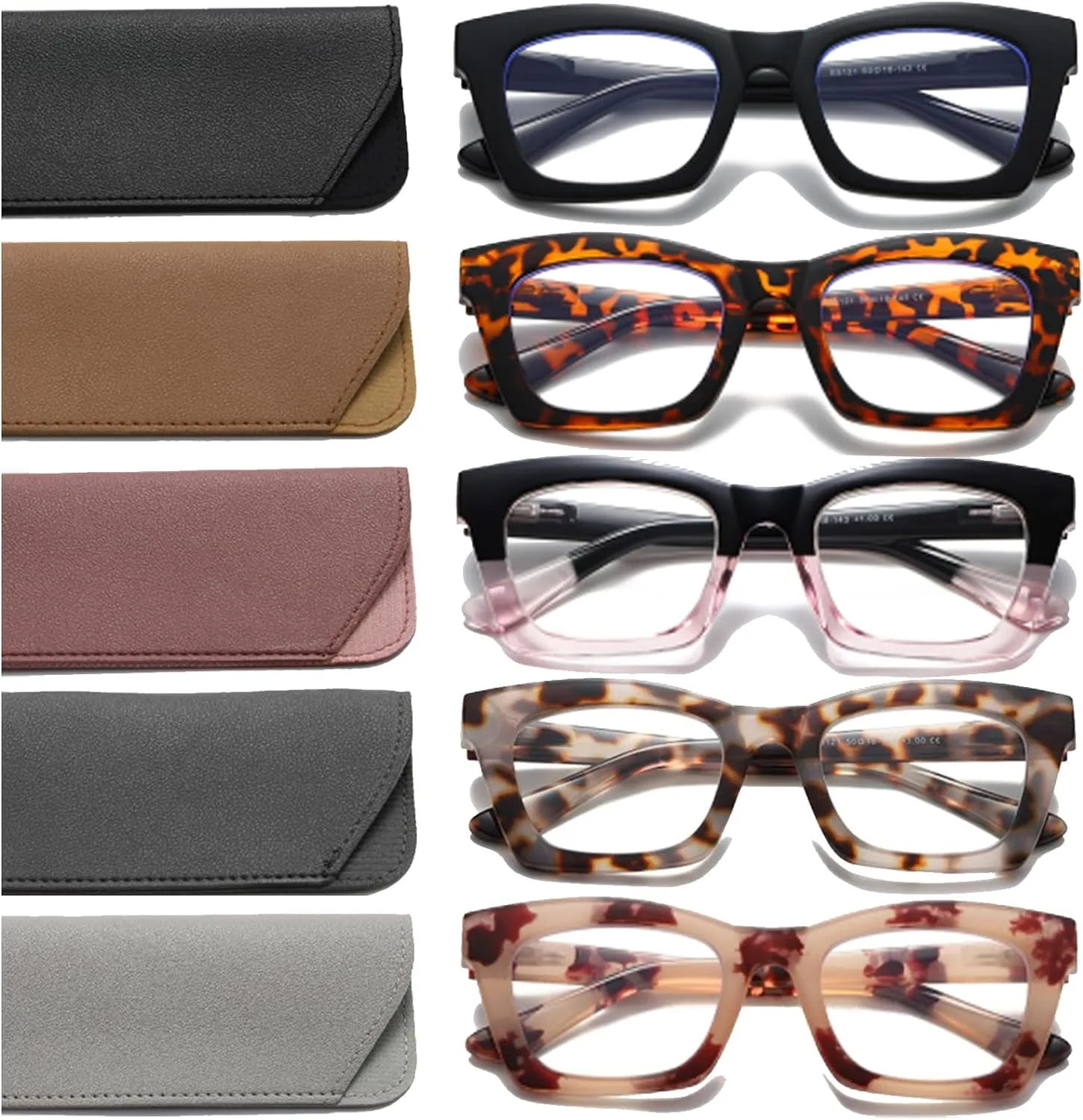Hubeye 5 Pairs Oprah Style Square Reading Glasses for Women Men Blue Light Blocking Computer Readers with leather case  0.0