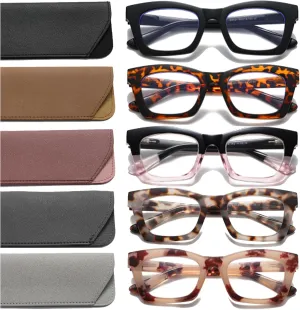 Hubeye 5 Pairs Oprah Style Square Reading Glasses for Women Men Blue Light Blocking Computer Readers with leather case  0.0