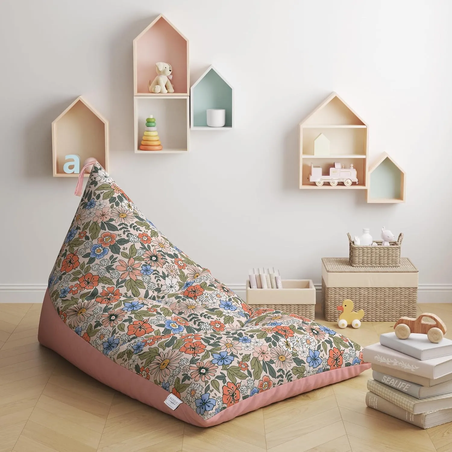 HUDDLE Original Stuffed Animal Bean Bag Storage Extra Large Designer Beanbag Chairs for Kids Teens & Adults | Instant Clutter Clear for Stylish Moms - Stuffed Animal Storage Bean Bag Chair Boho Floral