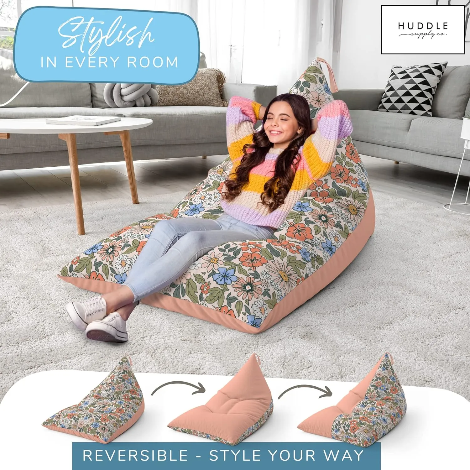HUDDLE Original Stuffed Animal Bean Bag Storage Extra Large Designer Beanbag Chairs for Kids Teens & Adults | Instant Clutter Clear for Stylish Moms - Stuffed Animal Storage Bean Bag Chair Boho Floral