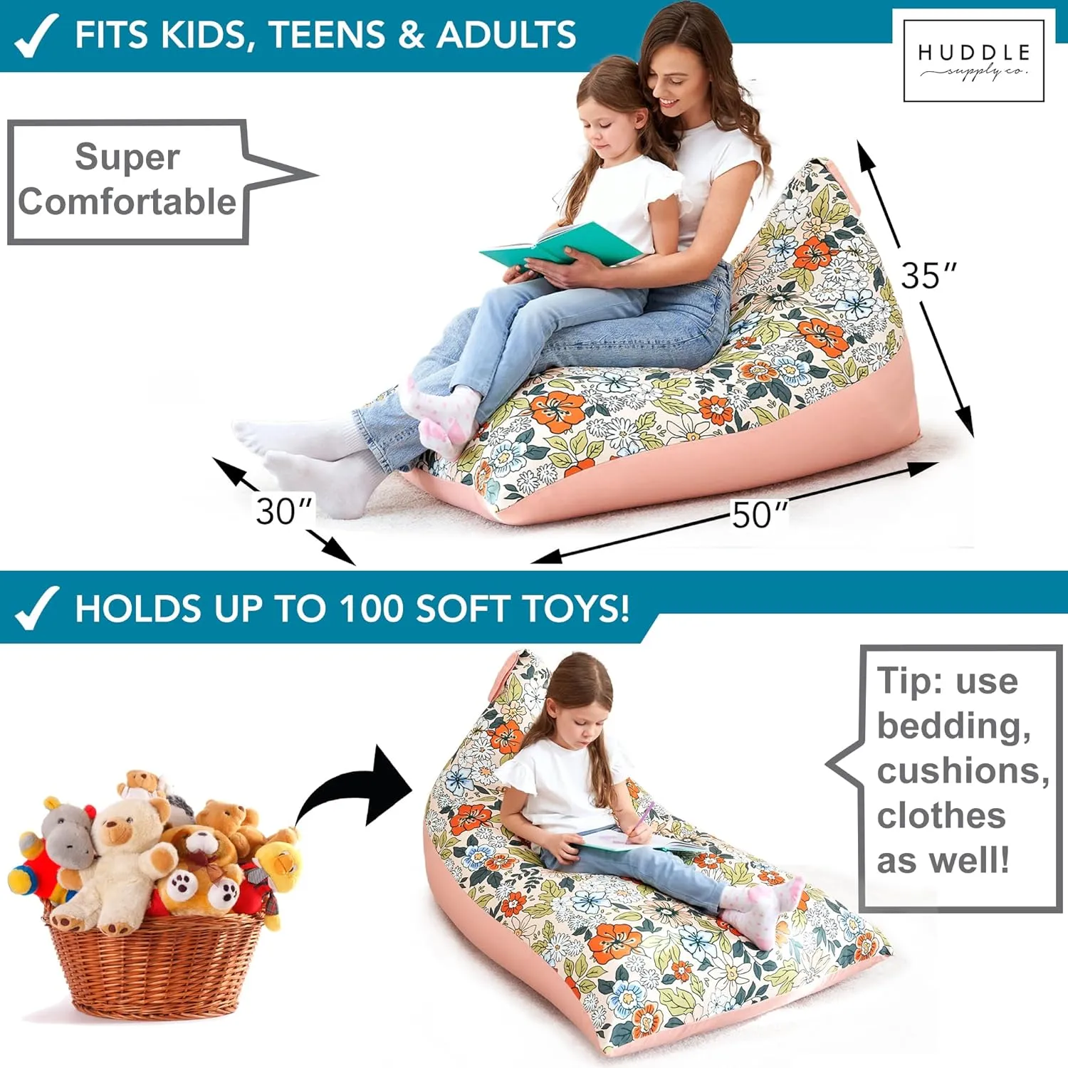 HUDDLE Original Stuffed Animal Bean Bag Storage Extra Large Designer Beanbag Chairs for Kids Teens & Adults | Instant Clutter Clear for Stylish Moms - Stuffed Animal Storage Bean Bag Chair Boho Floral