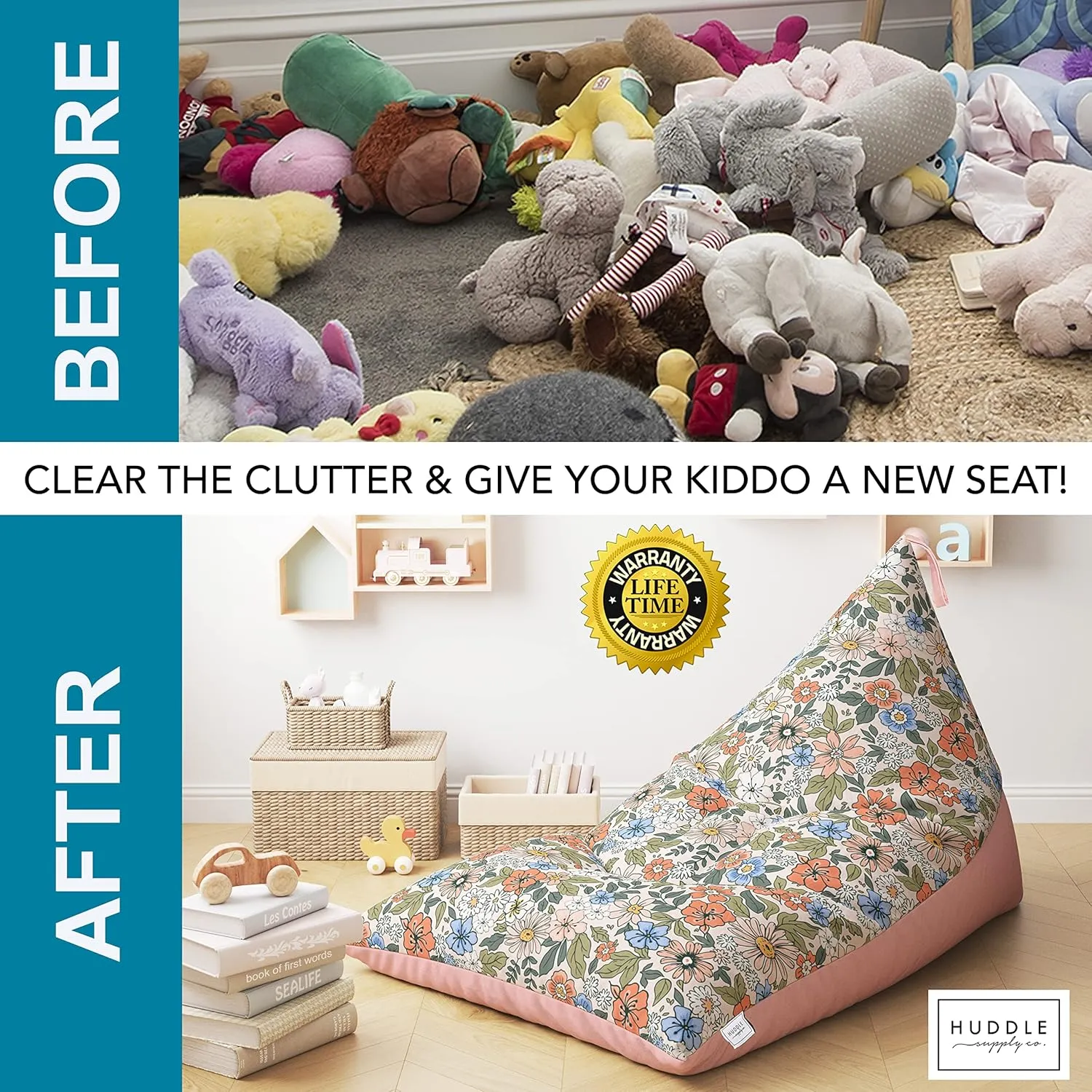 HUDDLE Original Stuffed Animal Bean Bag Storage Extra Large Designer Beanbag Chairs for Kids Teens & Adults | Instant Clutter Clear for Stylish Moms - Stuffed Animal Storage Bean Bag Chair Boho Floral